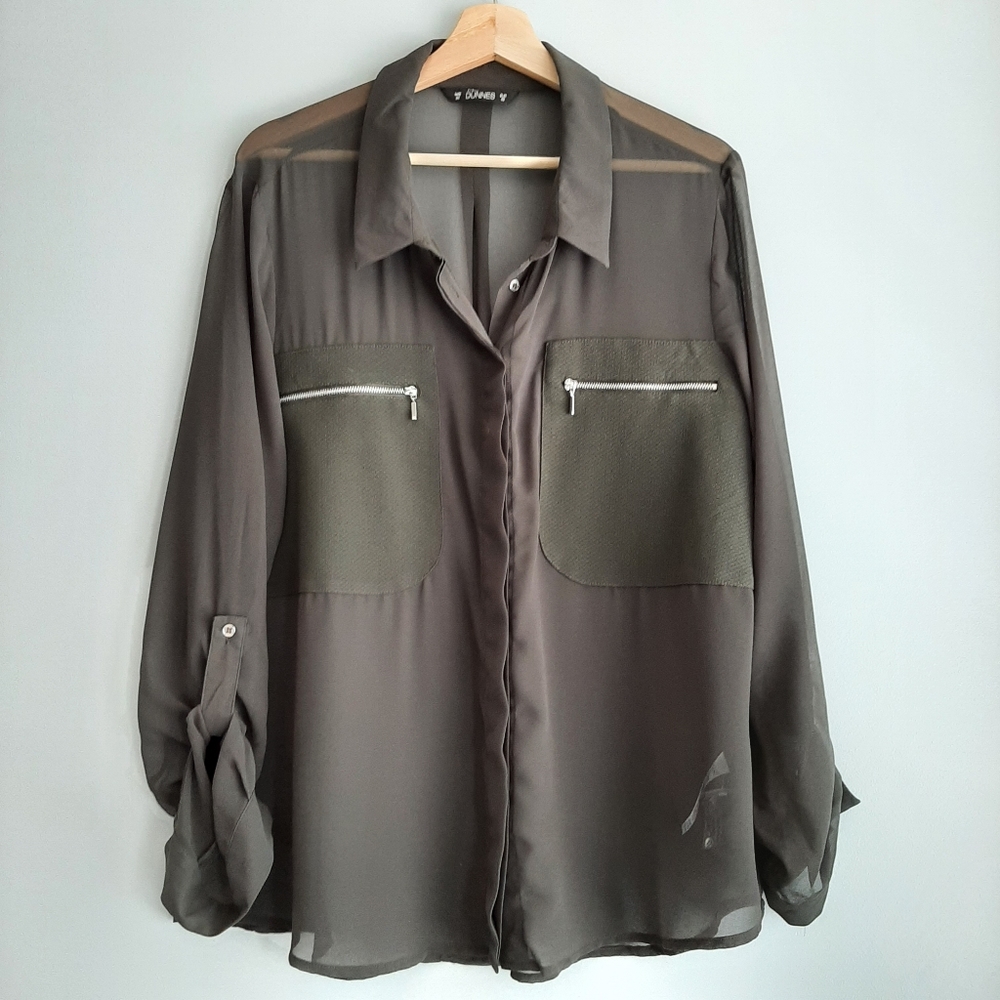 🍒 ST. BERNARD nwot Olive Green Sheer Blouse Button Down Sz 20